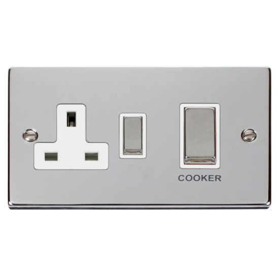 Scolmore Click Deco VPCH504WH 45A 2 Gang DP Switch With 13A DP Switched Socket Outlet Polished Chrome White Inserts