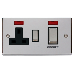 Scolmore Click Deco VPCH505BK 45Amp 2 Gang DP Switch With 13Amp DP Switched Socket Outlet & Neon's Polished Chrome Black Inserts
