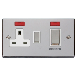 Scolmore Click Deco VPCH505WH 45A 2 Gang DP Switch With 13A DP Switched Socket Outlet & Neons Polished Chrome White Inserts