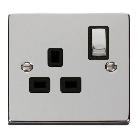 Scolmore Click Deco VPCH053BK 13A 1 Gang DP Switched Socket Outlet Polished Chrome Black Inserts