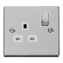 Scolmore Click Deco VPCH535WH 13A 1 Gang DP Switched Socket Outlet Polished Chrome White Inserts