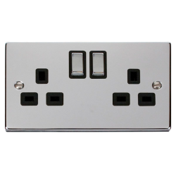 Scolmore Click Deco VPCH056BK 13A 2 Gang DP Switched Socket Outlet Polished Chrome Black Inserts