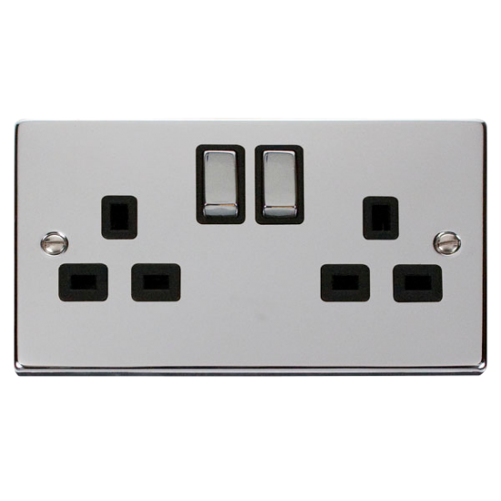 Scolmore Click Deco VPCH056BK 13A 2 Gang DP Switched Socket Outlet Polished Chrome Black Inserts