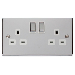 Scolmore Click Deco VPCH536WH 13A 2 Gang DP Switched Socket Outlet Polished Chrome White Inserts