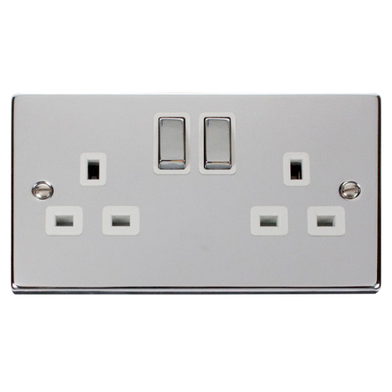 Scolmore Click Deco VPCH536WH 13A 2 Gang DP Switched Socket Outlet Polished Chrome White Inserts