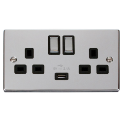 Scolmore Click Deco VPCH570BK 13A 2 Gang Switched Socket Outlet With Single 2.1A USB Outlet Polished Chrome Black Inserts