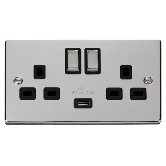 Scolmore Click Deco VPCH570BK 13A 2 Gang Switched Socket Outlet With Single 2.1A USB Outlet Polished Chrome Black Inserts
