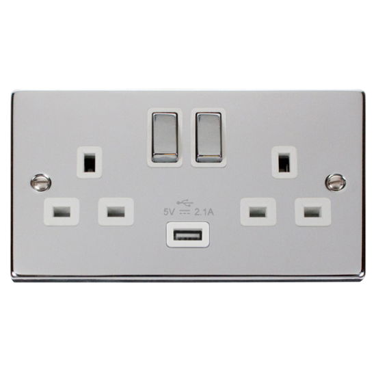 Scolmore Click Deco VPCH570WH 13A 2 Gang Switched Socket Outlet With Single 2.1A USB Outlet Polished Chrome White Inserts