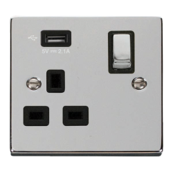 Scolmore Click Deco VPCH571UBK13A 1 Gang Switched Socket Outlet With Single 2.1A USB Outlet Polished Chrome Black Inserts