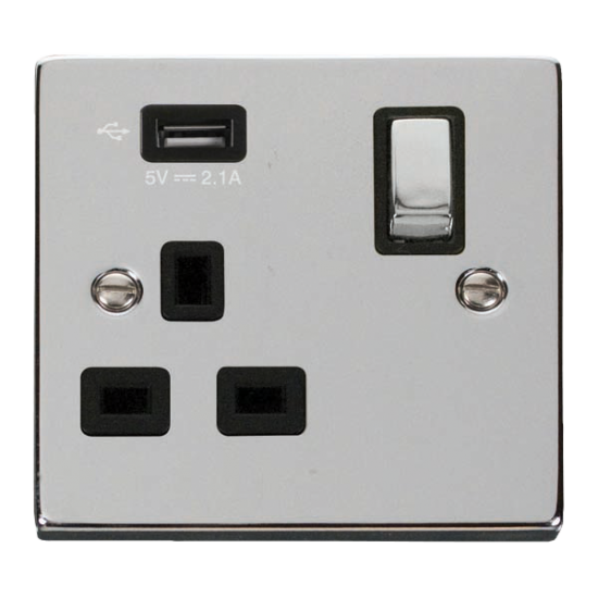 Scolmore Click Deco VPCH571UBK13A 1 Gang Switched Socket Outlet With Single 2.1A USB Outlet Polished Chrome Black Inserts