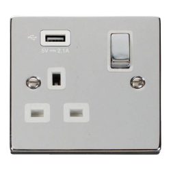 Scolmore Click Deco VPCH571UWH 13A 1 Gang Switched Socket Outlet With Single 2.1A USB Outlet Polished Chrome White Inserts