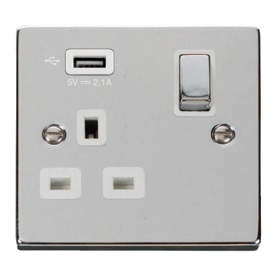 Scolmore Click Deco VPCH571UWH 13A 1 Gang Switched Socket Outlet With Single 2.1A USB Outlet Polished Chrome White Inserts