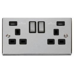 Scolmore Click Deco VPCH580BK 13A 2 Gang Switched Socket Outlet With Twin USB (Total 4.2A) Outlets Polished Chrome Black Inserts