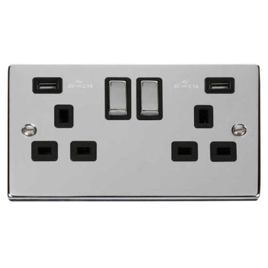 Scolmore Click Deco VPCH580BK 13A 2 Gang Switched Socket Outlet With Twin USB (Total 4.2A) Outlets Polished Chrome Black Inserts