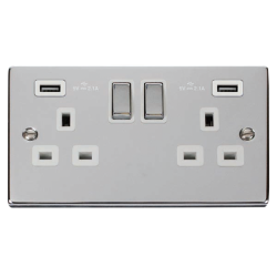 Scolmore Click Deco VPCH580WH 13A 2 Gang Switched Socket Outlet With Twin USB (Total 4.2A) Outlets Polished Chrome White Inserts