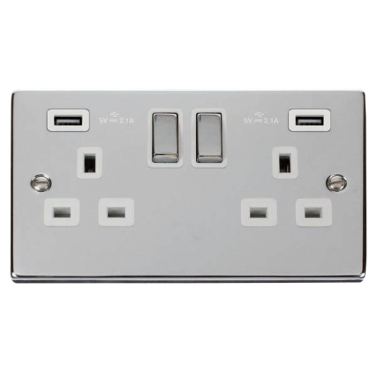 Scolmore Click Deco VPCH580WH 13A 2 Gang Switched Socket Outlet With Twin USB (Total 4.2A) Outlets Polished Chrome White Inserts