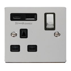 Scolmore Click Deco VPCH585BK 13A 1 Gang Switched Socket Outlet With Type A & C USB (4A) Outlets Polished Chrome Black Inserts