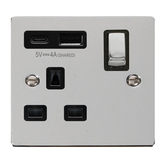 Scolmore Click Deco VPCH585BK 13A 1 Gang Switched Socket Outlet With Type A & C USB (4A) Outlets Polished Chrome Black Inserts