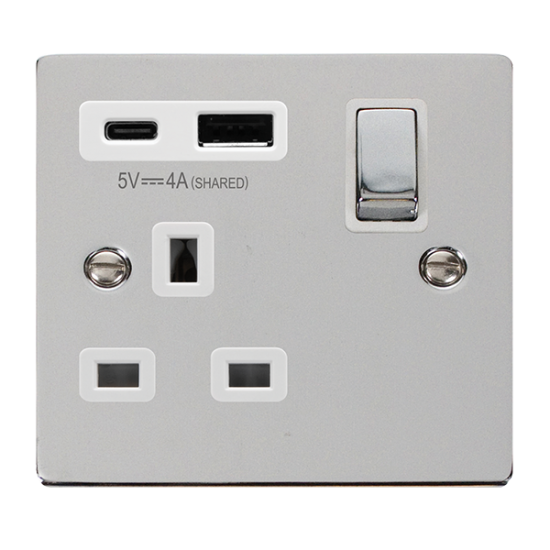 Scolmore Click Deco VPCH585WH 13A 1 Gang Switched Socket Outlet With Type A & C USB (4A) Outlets Polished Chrome White Inserts