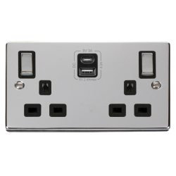 Scolmore Click Deco VPCH586BK 13A 2 Gang Switched Socket Outlet With Type A & C USB (4.2A) Outlets Polished Chrome Black Inserts