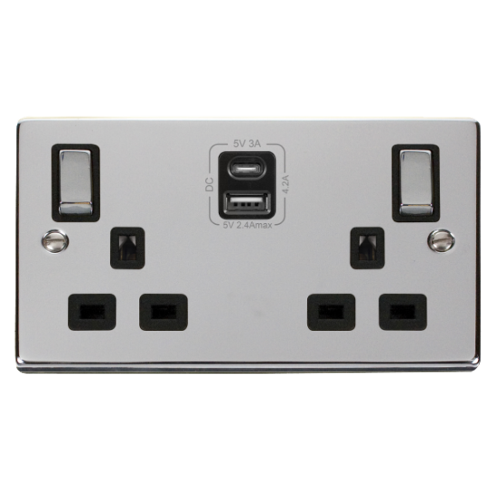 Scolmore Click Deco VPCH586BK 13A 2 Gang Switched Socket Outlet With Type A & C USB (4.2A) Outlets Polished Chrome Black Inserts