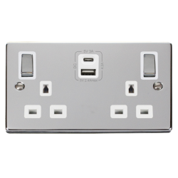 Scolmore Click Deco VPCH012WH 10Amp 2 Gang 2 Way Plate Switch Polished Chrome White Inserts