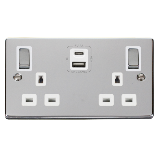 Scolmore Click Deco VPCH012WH 10Amp 2 Gang 2 Way Plate Switch Polished Chrome White Inserts