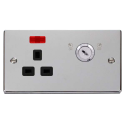 Scolmore Click Deco VPCH655BK 13A 1 Gang DP Key Lockable Switched Socket With Neon (Double Plate) Polished Chrome Black Inserts