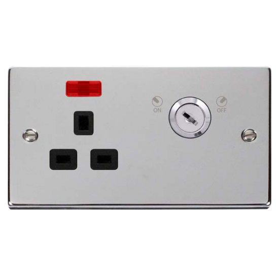 Scolmore Click Deco VPCH655BK 13A 1 Gang DP Key Lockable Switched Socket With Neon (Double Plate) Polished Chrome Black Inserts