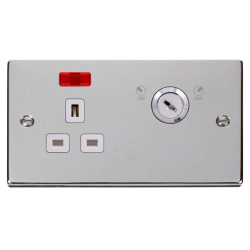 Scolmore Click Deco VPCH655WH 13A 1 Gang DP Key Lockable Switched Socket With Neon (Double Plate) Polished Chrome White Inserts