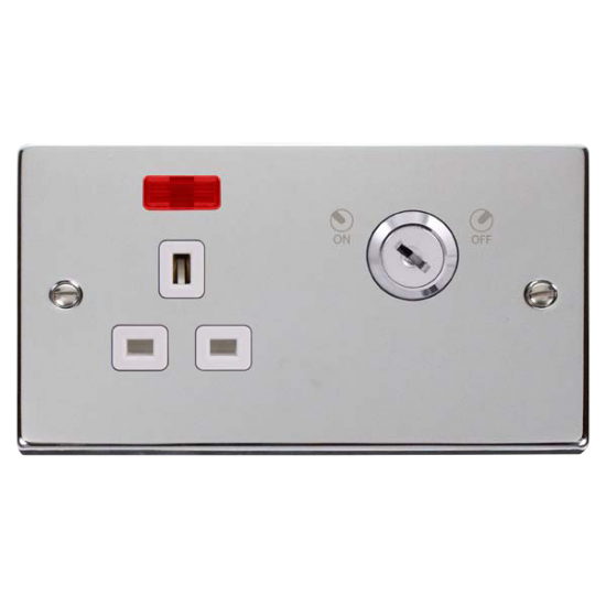 Scolmore Click Deco VPCH655WH 13A 1 Gang DP Key Lockable Switched Socket With Neon (Double Plate) Polished Chrome White Inserts