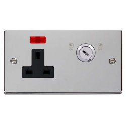 Scolmore Click Deco VPCH675BK 13A 1 Gang DP Key Lockable Switched Socket With Neon (Double Plate) Polished Chrome Black Inserts