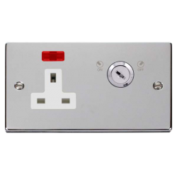 Scolmore Click Deco VPCH675WH 13A 1 Gang DP Key Lockable Switched Socket With Neon (Double Plate) Polished Chrome White Inserts