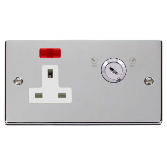 Scolmore Click Deco VPCH675WH 13A 1 Gang DP Key Lockable Switched Socket With Neon (Double Plate) Polished Chrome White Inserts