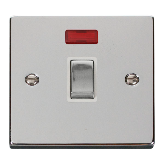 Scolmore Click Deco VPCH723WH 20A DP Plate Switch With Neon Polished Chrome White Inserts