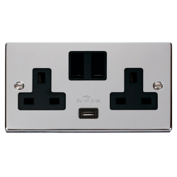 Scolmore Click Deco VPCH770BK 13A 2 Gang Switched Socket Outlet With Single 2.1A USB Outlet Polished Chrome Black Inserts