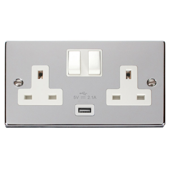 Scolmore Click Deco VPCH770WH 13A 2 Gang Switched Socket Outlet With Single 2.1A USB Outlet Polished Chrome White Inserts