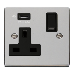 Scolmore Click Deco VPCH771UBK 13A 1 Gang Switched Socket Outlet With Single 2.1A USB Outlet Polished Chrome Black Inserts