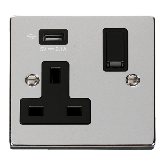 Scolmore Click Deco VPCH771UBK 13A 1 Gang Switched Socket Outlet With Single 2.1A USB Outlet Polished Chrome Black Inserts