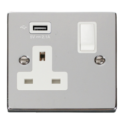 Scolmore Click Deco VPCHVPCH771UWH 13A 1 Gang Switched Socket Outlet With Single 2.1A USB Outlet Polished Chrome White Inserts