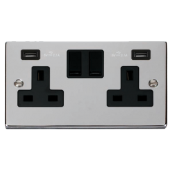 Scolmore Click Deco VPCH780BK 13A 2 Gang Switched Socket Outlet With Twin USB (Total 4.2A) Outlets Polished Chrome Black Inserts