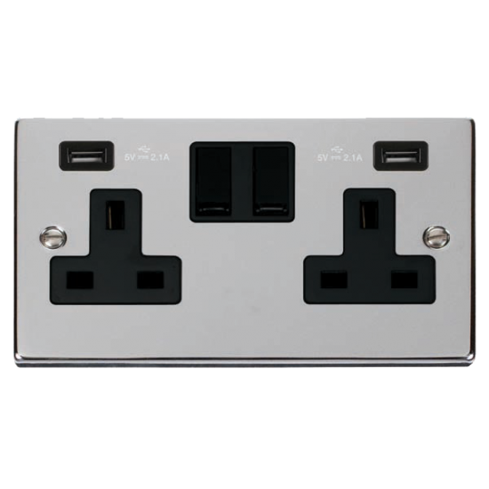 Scolmore Click Deco VPCH780BK 13A 2 Gang Switched Socket Outlet With Twin USB (Total 4.2A) Outlets Polished Chrome Black Inserts