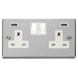 Scolmore Click Deco VPCH780WH 13A 2 Gang Switched Socket Outlet With Twin USB (Total 4.2A) Outlets Polished Chrome White Inserts