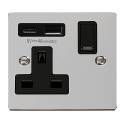 Scolmore Click Deco VPCH785BK 13A 1 Gang Switched Socket Outlet With Type A & C USB (4A) Outlets  Polished Chrome Black Inserts