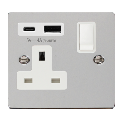 Scolmore Click Deco VPCH785WH 13A 2 Gang Switched Socket Outlet With Twin USB (Total 4.2A) Outlets Polished Chrome White Inserts