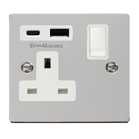 Scolmore Click Deco VPCH785WH 13A 2 Gang Switched Socket Outlet With Twin USB (Total 4.2A) Outlets Polished Chrome White Inserts