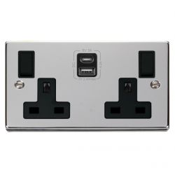 Scolmore Click Deco VPCH786BK 13A 2 Gang Switched Socket Outlet With Type A & C USB (4.2A) Outlets Polished Chrome Black Inserts