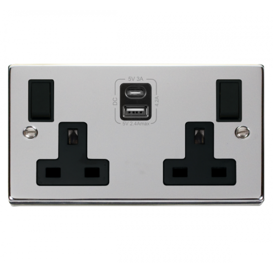 Scolmore Click Deco VPCH786BK 13A 2 Gang Switched Socket Outlet With Type A & C USB (4.2A) Outlets Polished Chrome Black Inserts