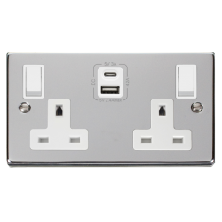 Scolmore Click Deco VPCH785WH 13A 2 Gang Switched Socket Outlet With Type A & C USB (4.2A) Outlets Polished Chrome White Inserts