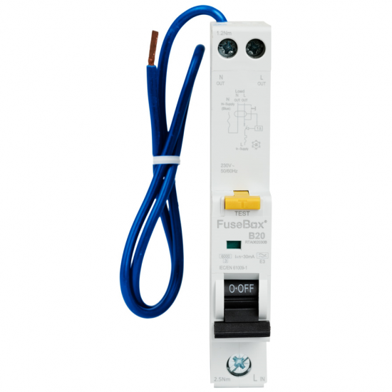 FuseBox RTA062030B RCBO Single Pole & Neutral 20A 30mA 6kA B Curve Type A